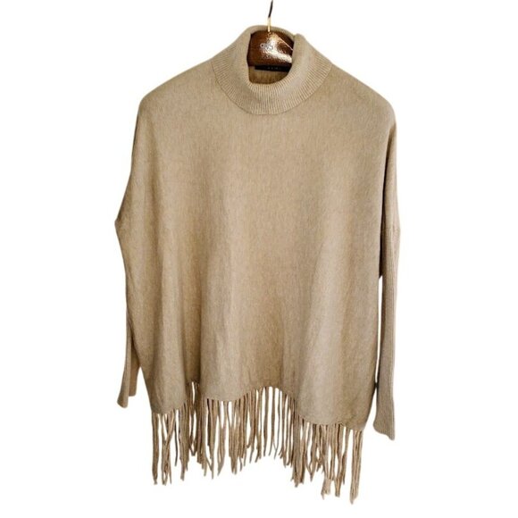 Cyrus Beige Fringe Hem Sweater Women’s Medium | Cozy Mock Neck Knit Boho Chic - Picture 1 of 5